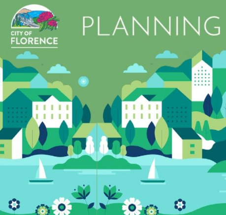 Green background with Artistic view of a city on water, with the Florence primary logo, and the title planning